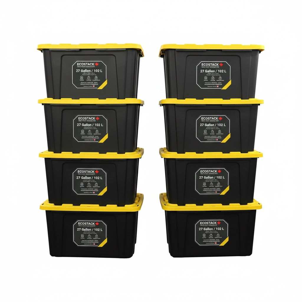 Tough Strong Storage Tote Bin, Plastic Organizer Box, Black Base & Yellow Snap-on Lid – ECOSTACK®