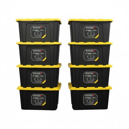 Tough Strong Storage Tote Bin, Plastic Organizer Box, Black Base & Yellow Snap-on Lid – ECOSTACK®