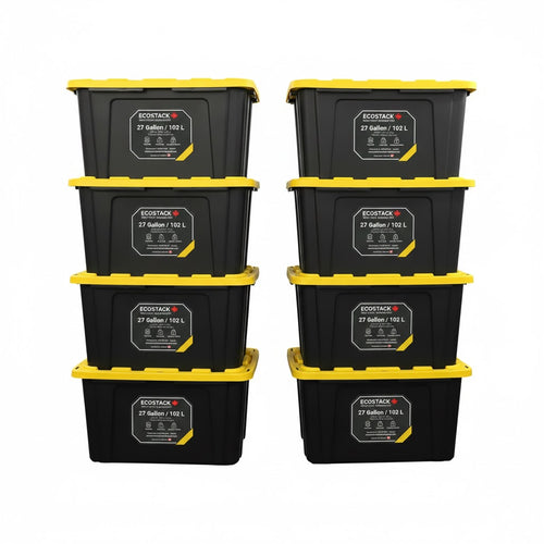 ECOSTACK Stackable Tough Strong Storage Tote Bin, Plastic Organizer Box, Black Base & Yellow Snap-on Lid