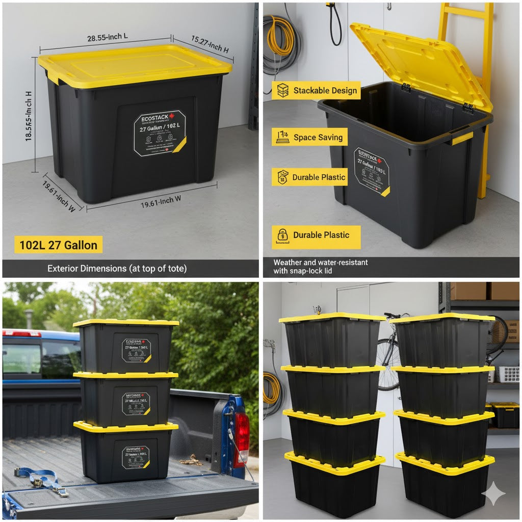 Tough Strong Storage Tote Bin, Plastic Organizer Box, Black Base & Yellow Snap-on Lid – ECOSTACK®