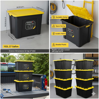 Tough Strong Storage Tote Bin, Plastic Organizer Box, Black Base & Yellow Snap-on Lid – ECOSTACK®