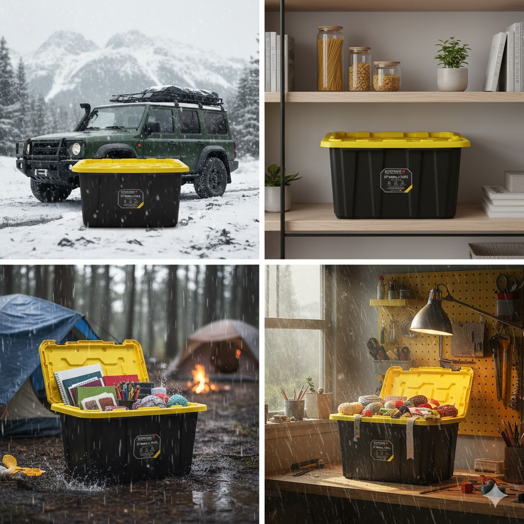 Tough Strong Storage Tote Bin, Plastic Organizer Box, Black Base & Yellow Snap-on Lid – ECOSTACK®