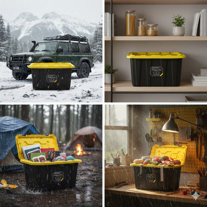 Tough Strong Storage Tote Bin, Plastic Organizer Box, Black Base & Yellow Snap-on Lid – ECOSTACK®