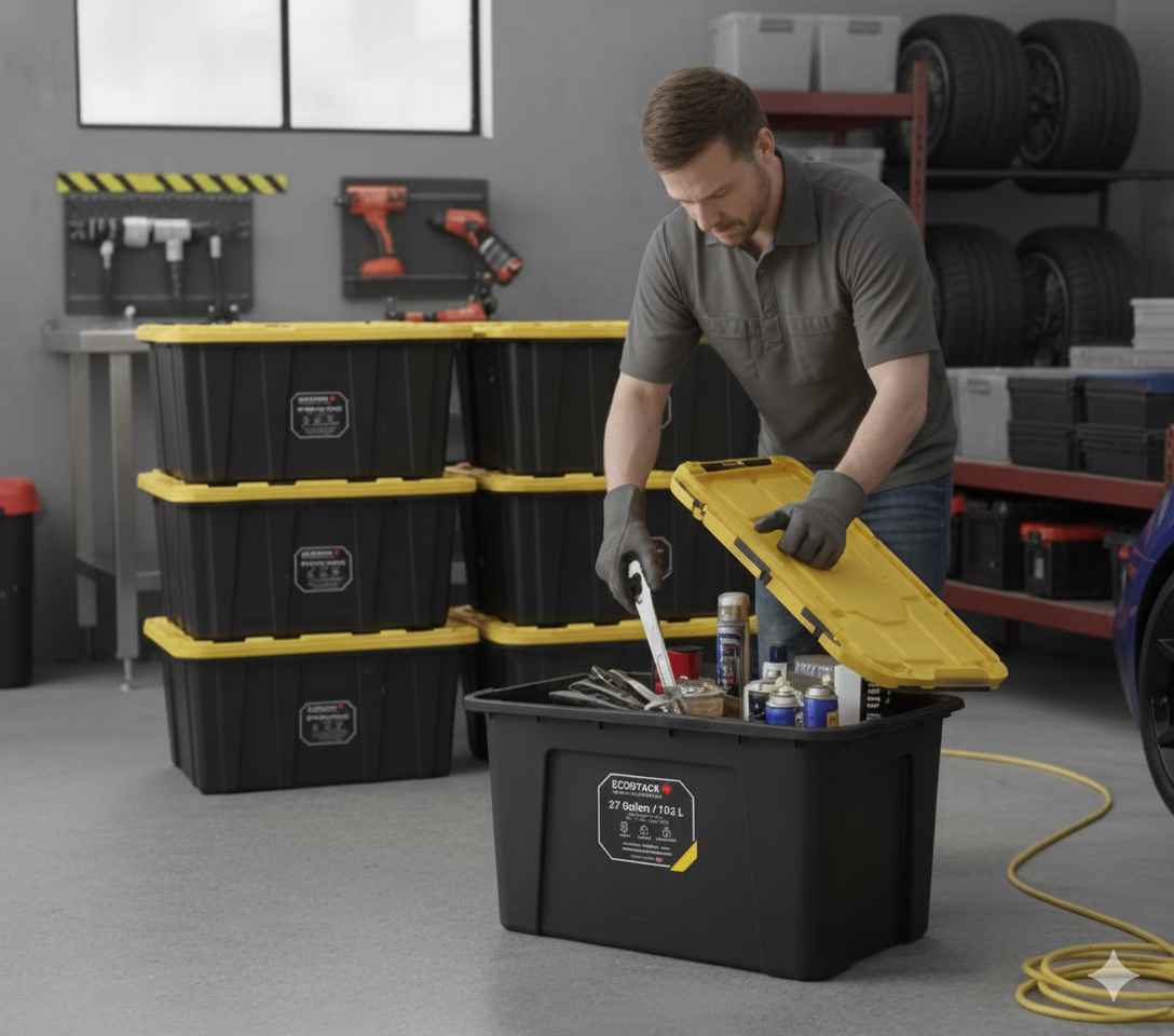 Tough Strong Storage Tote Bin, Plastic Organizer Box, Black Base & Yellow Snap-on Lid – ECOSTACK®