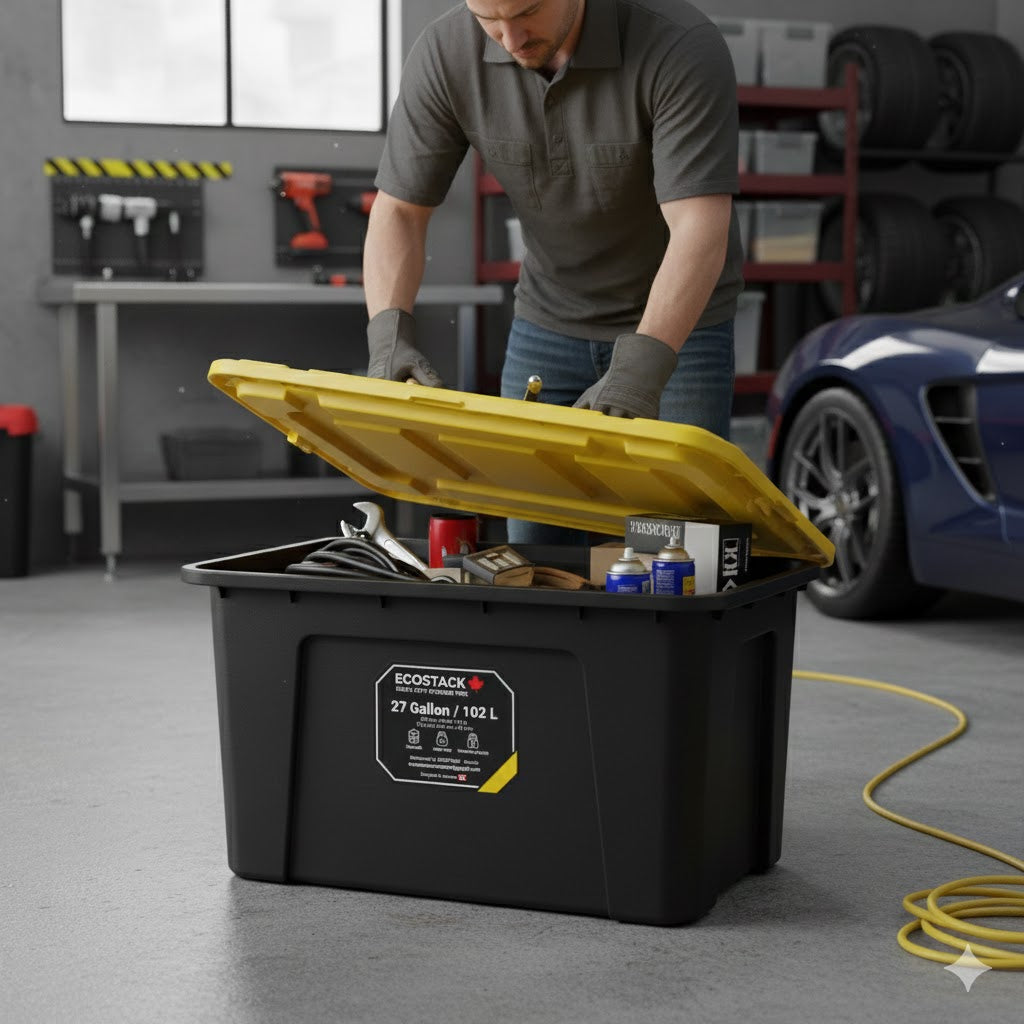 Tough Strong Storage Tote Bin, Plastic Organizer Box, Black Base & Yellow Snap-on Lid – ECOSTACK®