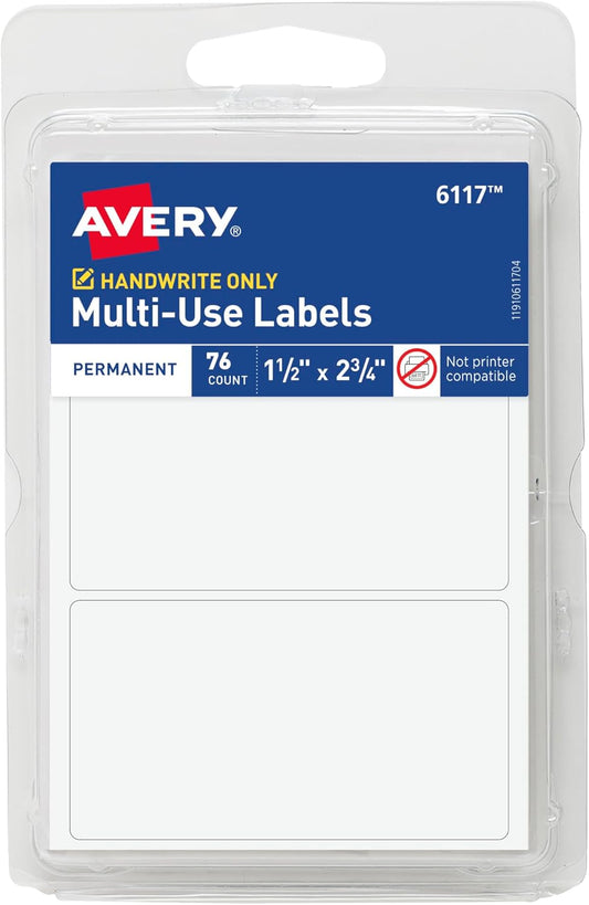 Avery Multi-Use Permanent Labels, 1.5" x 2.75", White, Non-Printable, 76 Blank Labels Total (6117)