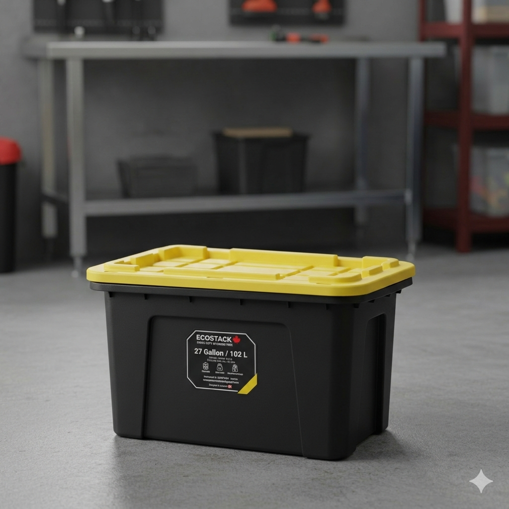Tough Strong Storage Tote Bin, Plastic Organizer Box, Black Base & Yellow Snap-on Lid – ECOSTACK®