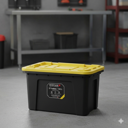 Tough Strong Storage Tote Bin, Plastic Organizer Box, Black Base & Yellow Snap-on Lid – ECOSTACK®